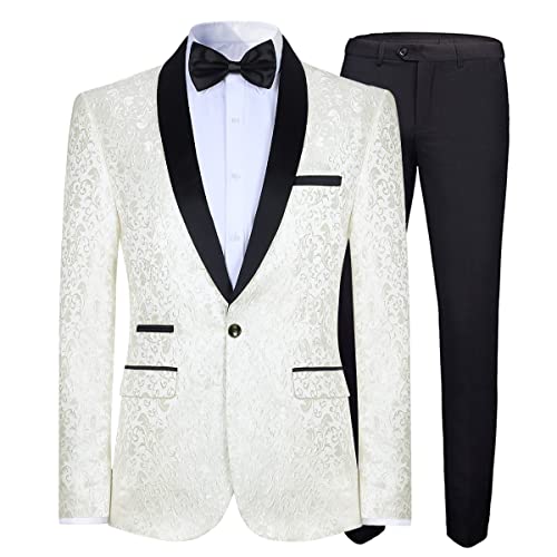 Mens 2 Piece Floral Jacquard Dress Suit Set 1 Button Print Dinner Jacket Pants Ivory