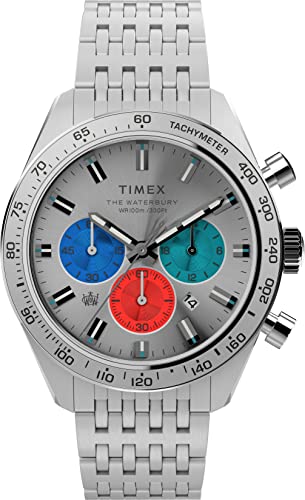 Timex Men’s Waterbury Diver Chronograph 41mm Watch – Silver-Tone Dial Stainless Steel Case & Bracelet