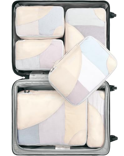 OlarHike 6 Set Packing Cubes for Travel, 4 Various Sizes(Large,Medium,Small,Slim) Luggage Organizer Bags for Travel Accessories Travel Essentials, Travel Cubes for Carry on Suitcases (Cream)