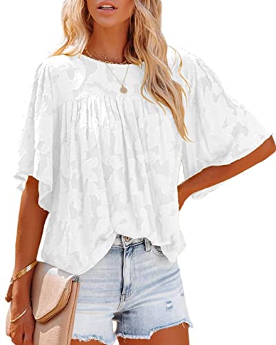 Dokotoo Womens White Summer Tops 3/4 Bell Sleeve Crewneck Business Casual Tops Floral Textured Babydoll Blouses & Button-Down Shirts for Work Fashion 2023 Oversized Outfits X-Large