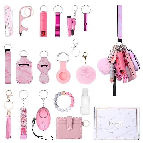 AMIR Safety Keychain Set for Women, Wristlet Strap Keychain with Personal Alarm and Pom Pom Accessories Kit, Gifts for Women and Girls