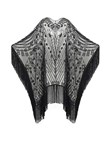 BABEYOND 1920s Sequin Beaded Shawl Wraps Fringed Evening Cape Scarf for Wedding (Black with Black Sequins)