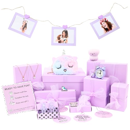 HAPPY LOLLI Gift for Tween and Teen Girls - 8 Wrapped Gifts in 1 Box with Fun Tasks and Cards to Empower Girls. (Purple)