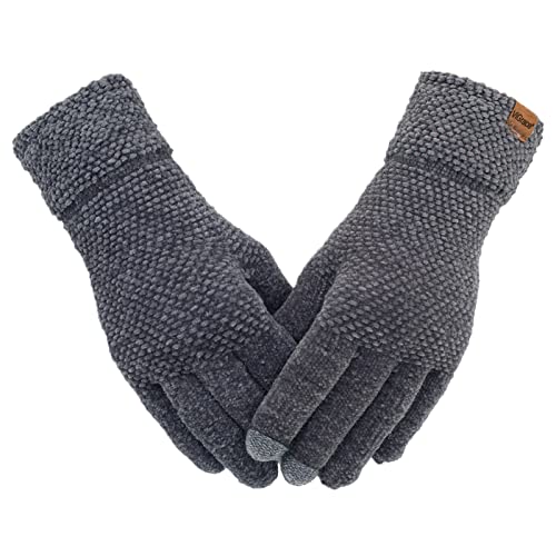 ViGrace Winter Touchscreen Gloves for Women Chenille Warm Cable Knit with 3 Touch Screen Fingers Texting Driving Elastic Cuff Thermal Glove(Dark Gray,Large)