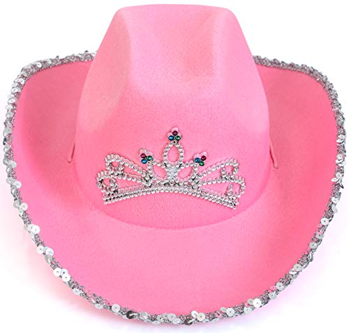 Skeleteen Pink Cowboy Hat - Pink Sequin Cowgirl Princess Hat with Crown Tiara Design