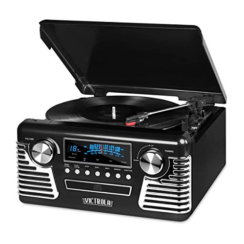 Victrola 50's Retro Bluetooth Record Player & Multimedia Center with Built-in Speakers - 3-Speed Turntable, CD Player, AM/FM Radio | Wireless Music Streaming | Black