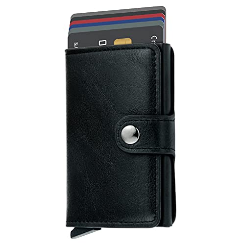 Credit Card Holder RFID Blocking Genuine Leather Vintage Aluminum Business Wallet (Royal Black)