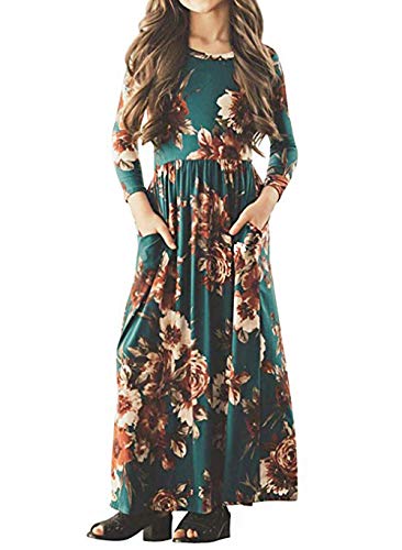 21KIDS Girls Maxi Dress Kids Floral Casual 3/4 Long Sleeve Dresses for Girls, Green, 10 Years