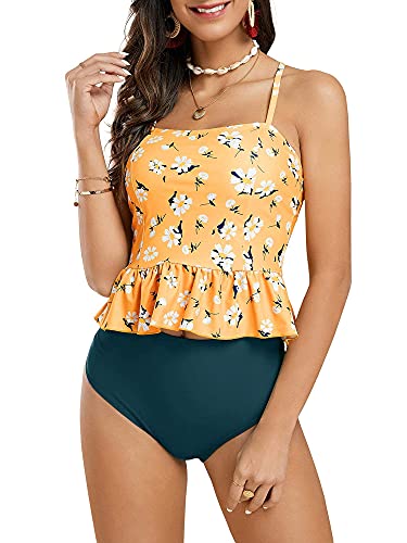 FERBIA Women High Waisted Tankini Swimsuit Two Piece Falbala Tankini Halter Ruffle Peplum Bikini Swimwear Bathing Suit