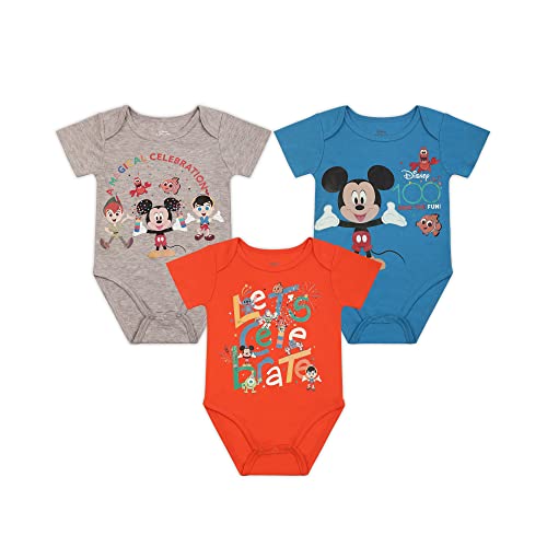 Disney Boys 3 Pack Bodysuits for Newborn and Infant – Blue/Orange/Grey