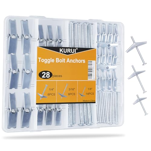 KURUI 28Pcs Heavy Duty Hollow Wall Anchors for Drywall Ceiling, Toggle Bolts and Wing Nut Kit, Metal Drywall Anchors and Screws Assortment Set, 3 Sizes Butterfly Anchors (1/8in, 3/16in, 1/4in)