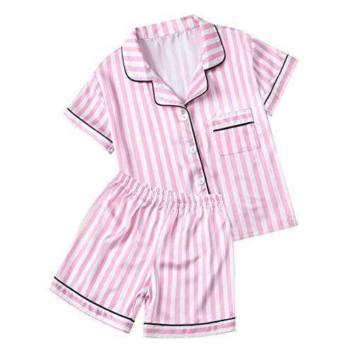 Schbbbta Satin Pajamas for Girls, 2 Pcs Sleepwear Short Sleeve Silk Satain Summer Pajama Set for Girls, D Pink Stripe, 5-6 Years = Tag 130