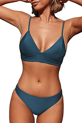 CUPSHE Women's Solid Color Sexy Triangle Bikini Set Padded Swimsuit, M Navy