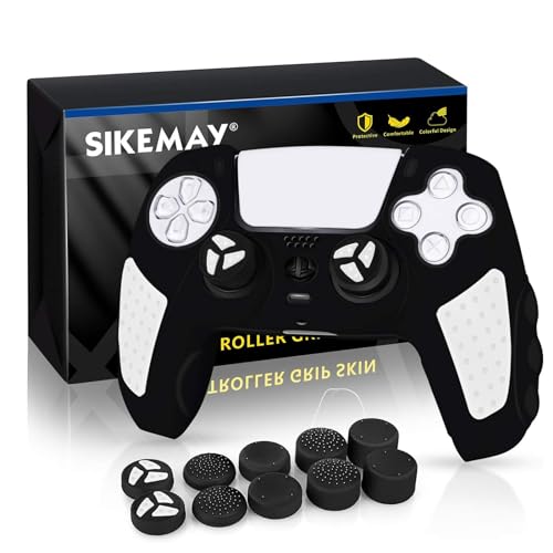 SIKEMAY PS5 Controller Skin, Anti-Slip Thicken Silicone Protective Cover Case Perfectly Compatible with Playstation 5 Dualsense Controller Grip with 10 x Thumb Grip Caps (Black-White)