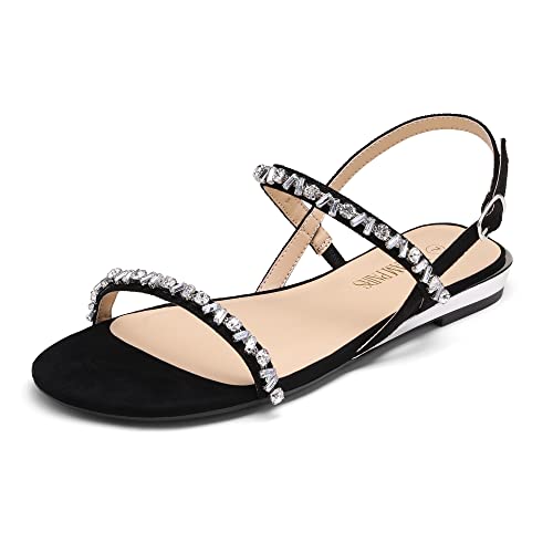 DREAM PAIRS Womens Casual Dresssy Low Wedge Summer Shoes Cute Strappy Rhinestone Open Toe Flat Sandal, Black/Suede-10 (SDFS2213W)