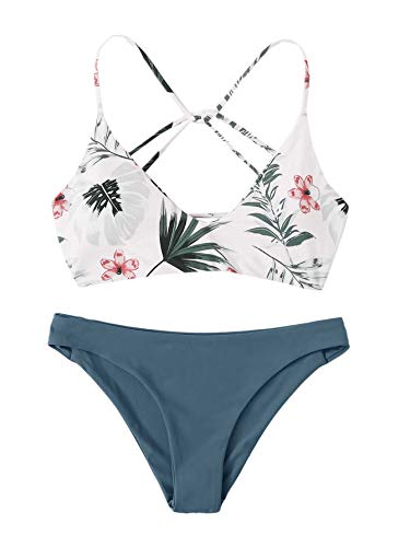 SweatyRocks Women's Sexy Bathing Suit Floral Print Criss Cross Back Bikini Set Swimsuits White-1 M