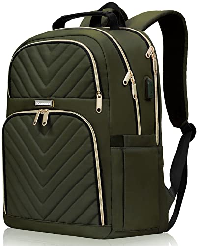 Kuosdaz Women's Army Green Laptop Backpack, 15.6 Inch, 25L Capacity, USB Charging Port, Anti-Theft Pockets, Padded Laptop Compartment