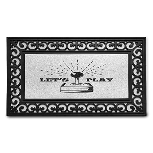 Ambesonne Gaming Doormat, Lets Play Typography Game Vintage Joystick 80's Arcade Room on Plain Background, Rectangle Entryway Welcome Mat for Front Door & Backyard, 17.3' x 29.3', Charcoal Grey
