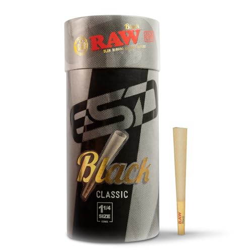 RAW Cones Classic Black 1-1/4 Size | 100 Pack | Natural Pre Rolled Rolling Paper Pressed Extra Fine for Thin, Slow Burning, Naturally Translucent Paper with Tips & Packing Tubes Included