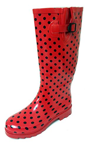 G4U Women's Rain Boots Multiple Styles Color Mid Calf Wellies Buckle Fashion Rubber Knee High Snow Shoes (9 B(M) US, Red Polka Dots)