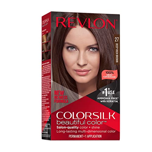 Revlon Colorsilk Beautiful Color Permanent Hair Color, Long-Lasting High-Definition Color, Shine & Silky Softness with 100% Gray Coverage, Ammonia Free, 027 Deep Rich Brown, 1 Pack