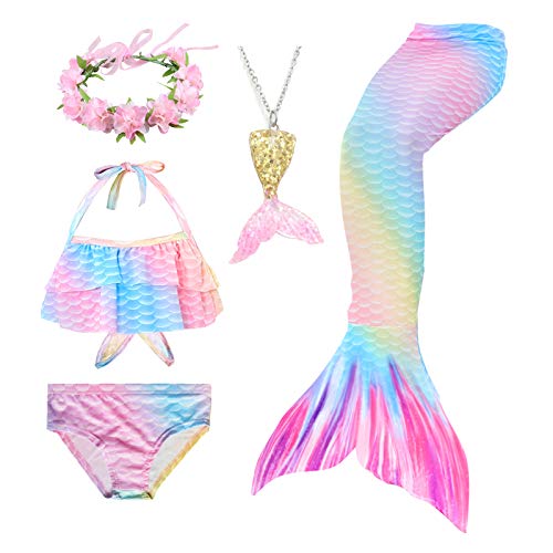 5Pcs Girls Swimsuit Mermaid Tails for Swimming Kids Bikini Costume Sets with Flower Headband (No Monofin) (GB15-G,7-8 Years)