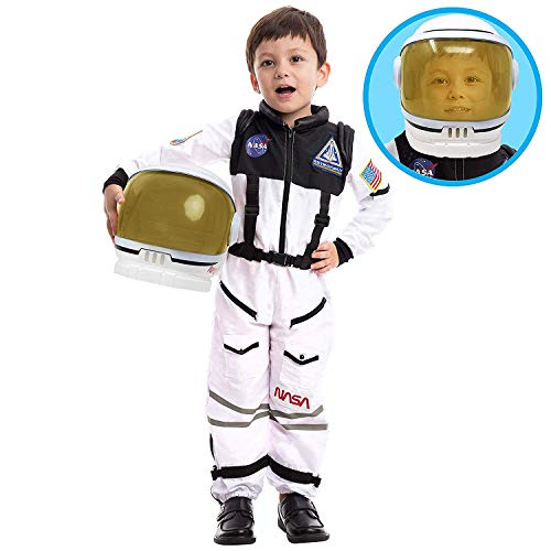 Spooktacular Creations Astronaut Costume with Helmet, Space Suit for Kids and Toddler with Movable Visor Helmet, Kids Astronaut Costume for Halloween Costumes Party Favor Supplies White M