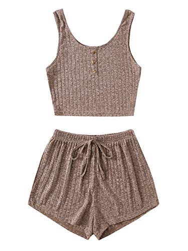 SOLY HUX Women's Button Front Ribbed Knit Tank Top and Shorts Pajama Set Sleepwear Lounge Sets Mocha Brown XL