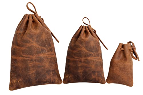 Leather Drawstring Pouch multipurpose Medieval coin waist bag (Vintage Brown, 14.5 cm x 10 cm)
