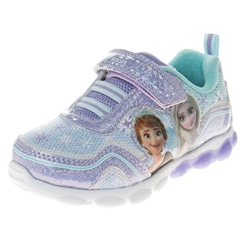 Disney Frozen LED Light Up Sneakers for Kids Girls - Anna and Elsa Lightweight Breathable Athletic Shoes for Toddler Girl - Purple (Size 9 Toddler)
