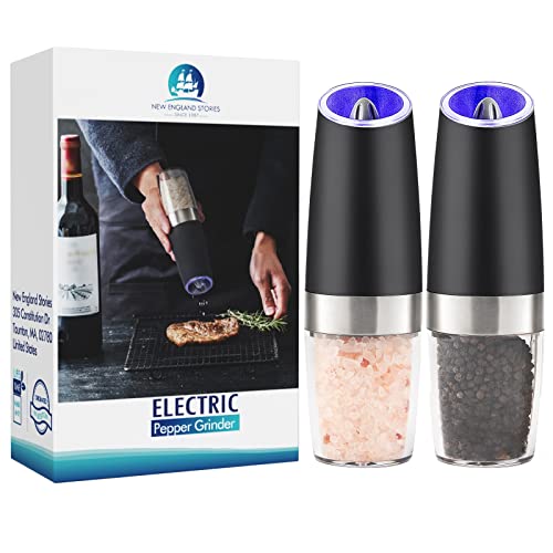Gravity Electric Pepper and Salt Grinder Set (Do Not Use Rechargeable Batteries), Battery Operated Pepper Mill with Blue LED Light, One Hand Operation, Flip to Grind, Adjustable Coarseness