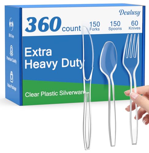360 Count Extra Heavy Duty Clear Plastic Silverware, 150 Forks, 150 Spoons, 60 Knives, BPA-Free, Heat Resistant, Disposable Plastic Utensils Set, Plastic Cutlery Set, Plasticware Bulk for Party