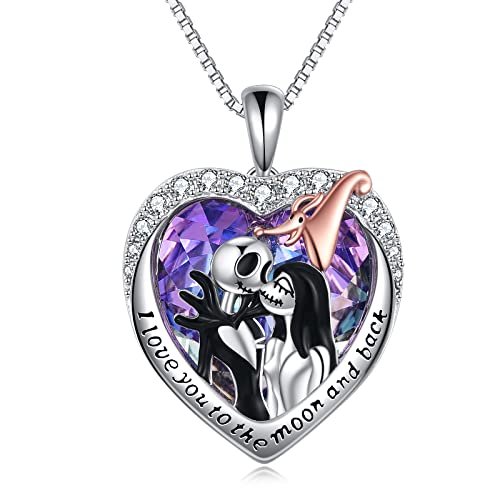 LILALO Nightmare Necklace Sterling Silver Crystal Jack and Sally Necklace Jack Skellington Jewelry I Love You to The Moon and Back Jewelry Skull Jewelry Pendant Necklace Birthday Gifts for Women Wife Daughter (Sally，Jack and Zero with Purple Heart Crystal)