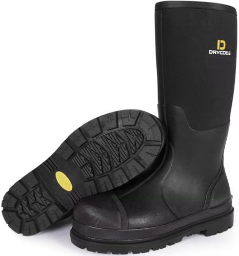 D DRYCODE Work Boots for Men with Steel Shank, Waterproof Rubber Boots 7mm Neoprene Insulated Anti-slip Mud Rain Boots, Black, Size 5-14