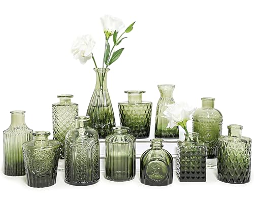 SUPMIND 12pcs Glass Bud Vase Set, Small Green Flower Vases for Centerpieces in Bulk, Mini Vintage Vase for Wedding, Home,Table Decoration