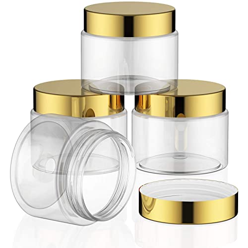 4 Pieces Round Clear Wide-mouth Leak Proof Plastic Container Jars with Lids for Travel Storage Makeup Beauty Products Face Creams Oils Salves Ointments DIY Making or Others (Gold, 2 Ounce)