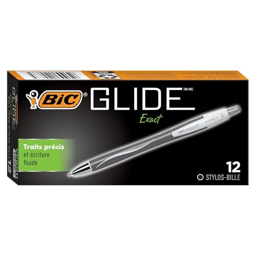 BIC Glide Exact Black Retractable Ballpoint Pens, Fine Point (0.7mm), 12-Count Pack, Ultra Smooth Writing Black Pens