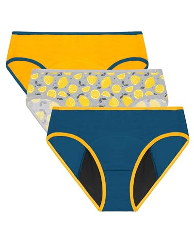 Neione Girls Period Underwear for Teens Juniors Menstrual Panties First Period Starter Hipsters 3 Pack Lemonade 14-16 Years