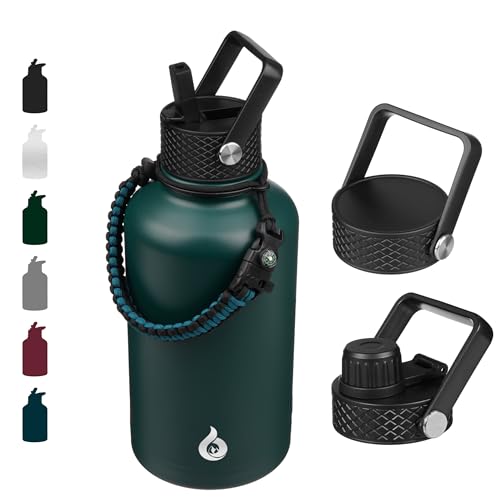 BJPKPK Half Gallon Insulated Water Bottles with Straw Lid,64oz Large Water Bottle,Stainless Steel Water Bottles with 3 Lids and Paracord Handle, Water Bottle for Hot & Cold Liquid, Army Green