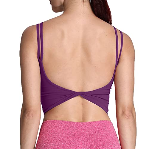 Aoxjox Women's Workout Sports Bras Fitness Padded Backless Yoga Crop Tank Top Twist Back Cami (Dark Purple, Small)