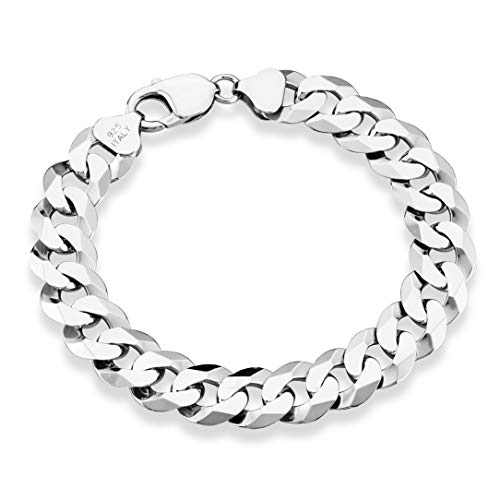 Miabella 925 Sterling Silver Italian 12mm Solid Diamond-Cut Cuban Link Curb Chain Bracelet, Jewelry For Men Made in Italy (Length 8 Inches)