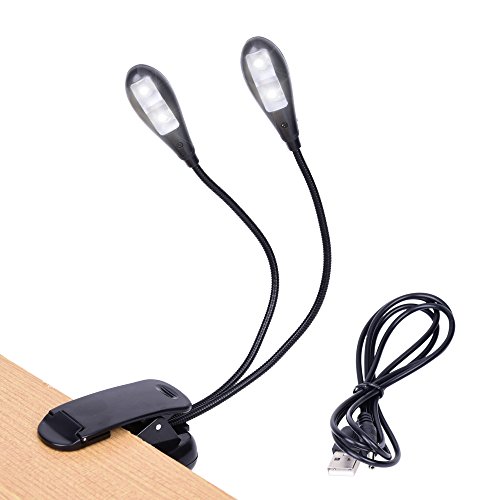 Music Stand Light, 1/2/4/10 Pack Clip on LED Book Lights, USB and AAA Battery Operated, Reading Lamp in Bed, 4 Brightness Levels, Ideal for Musician, Piano Player, Kids, Travel (Dual Arm)