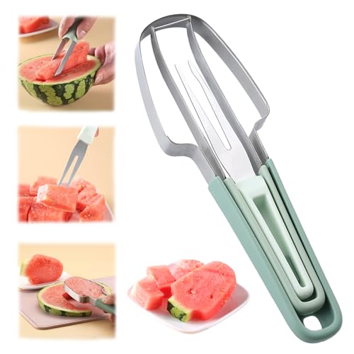 FANTEXY 3-in-1 Watermelon Fork Slicer Cutter，Stainless Steel Watermelon Popsicle Cutter Watermelon Cutter Slicer Tool Melon Cutter Knife Portability Fruit Fork for Camping Kitchen Gadgets