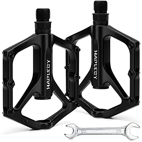 Hapleby Premium Bike Pedals of 9/16 Inch, Professional Mountain and Road Bike Flat Pedal with 2 Sealed Bearings, Wide Paltform and Lightweight of Bicycle Pedals, Come with Pedal Wrench 1PCS
