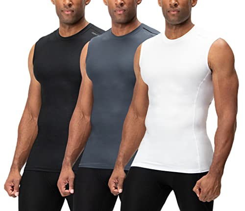 DEVOPS 3 Pack Men's Athletic Compression Shirts Sleeveless (X-Large, Black/Charcoal/White)