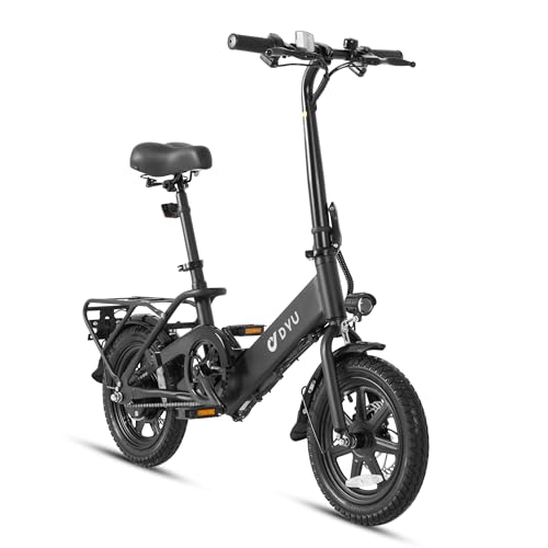 DYU Electric Bike, 350W Motor Folding Electric Bicycles, 36V 7.5Ah Battery, 3 Levels Assist, Dual Disc Brakes, 14' Foldable ebike for Adults and Teens with Pedals