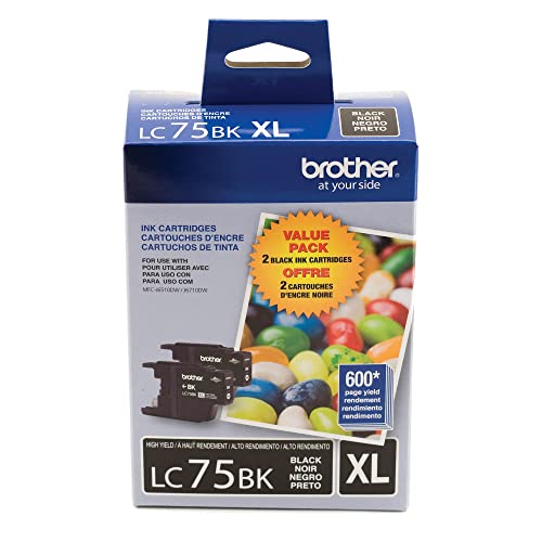 Brother Printer LC752PKS 2 Pack of LC-75BK Cartridges Ink - Retail Packaging, Black, 600 page yeild