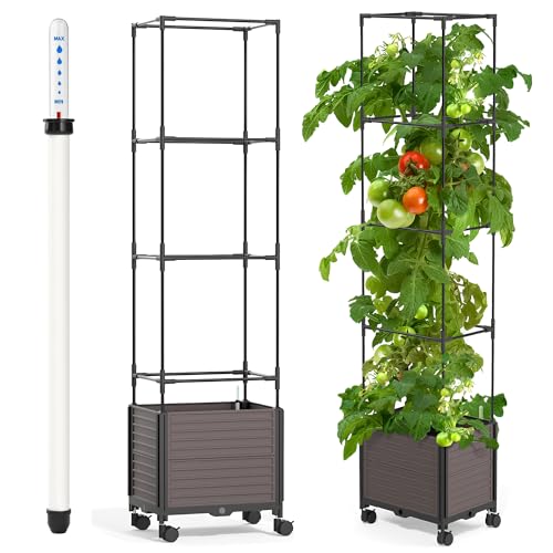 63'' Tomato Planter Box with Trellis - Raised Garden Bed with Trellis Tomato Pots for Growing Tomatoes - Planters Garden Box for Indoor and Outdoor Climbing Plants - With Wheels and Self Watering