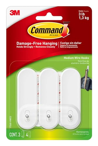 Command Medium Wire Hooks, Holds up to 3 lb, 3 Hooks, 4 Strips, Damage free Hanging Wall Hooks with Adhesive Strips, No Tools Wall Hooks for Organization in Living Spaces