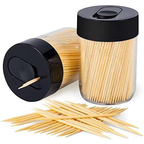 Urbanstrive Sturdy Safe Toothpick Holder with 800 Natural Wood Toothpicks for Teeth Cleaning, Unique Home Design Decoration, Unusual Gift, 2 Pack (Black)